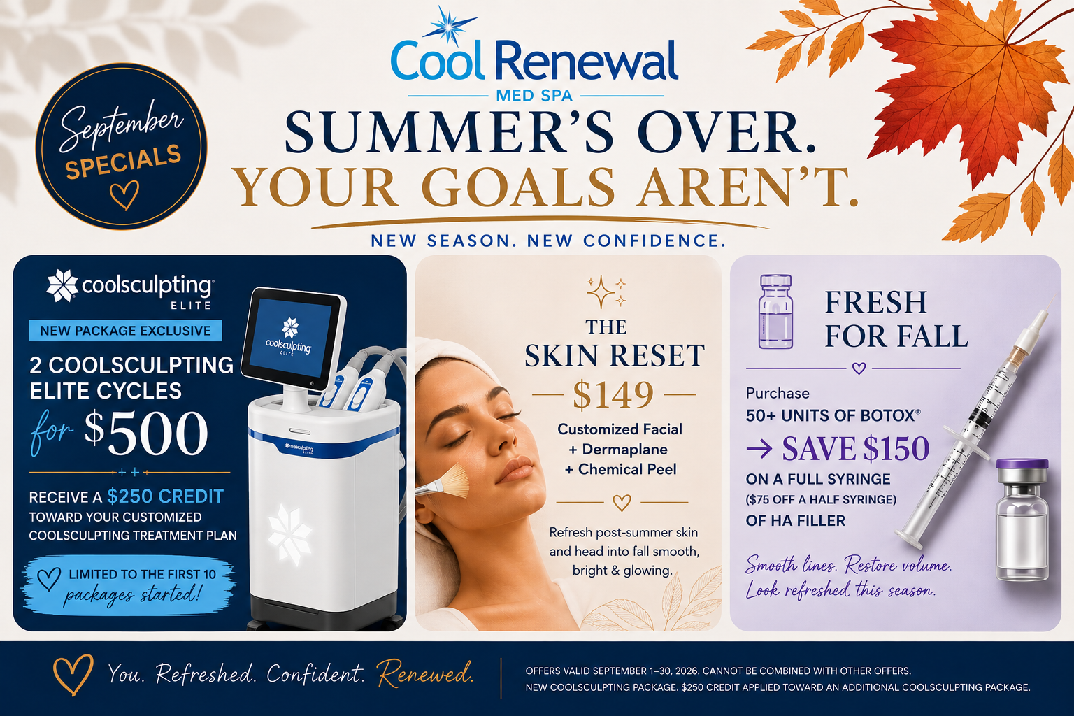 Promotional banner for Cool Renewal med spa: three-panel fall specials withCoolSculpting, skin reins, and Botox offers.