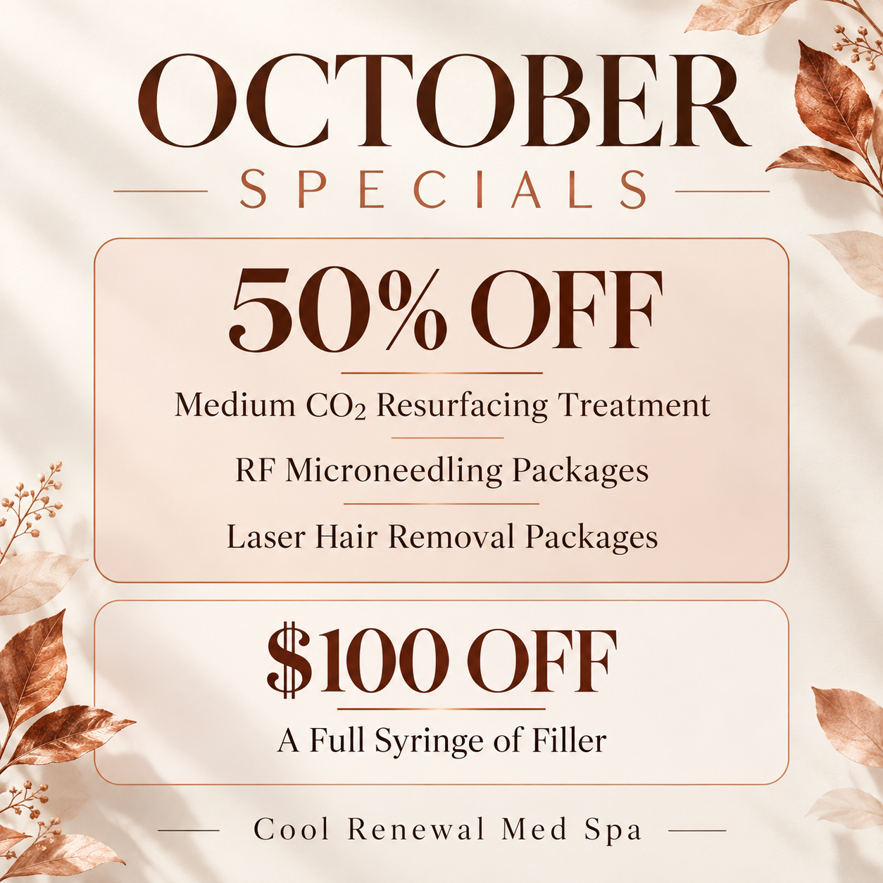 Promotional banner for Cool Renewal med spa: three-panel fall specials withCoolSculpting, skin reins, and Botox offers.